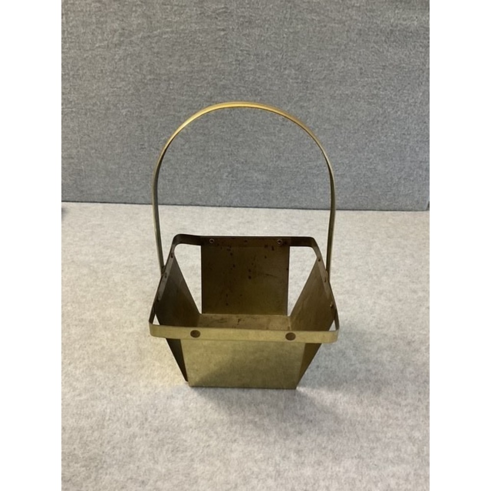 Vintage MidCentury Brass Gold Tone Metal Basket Caddy w/ Handle Modernist Decor